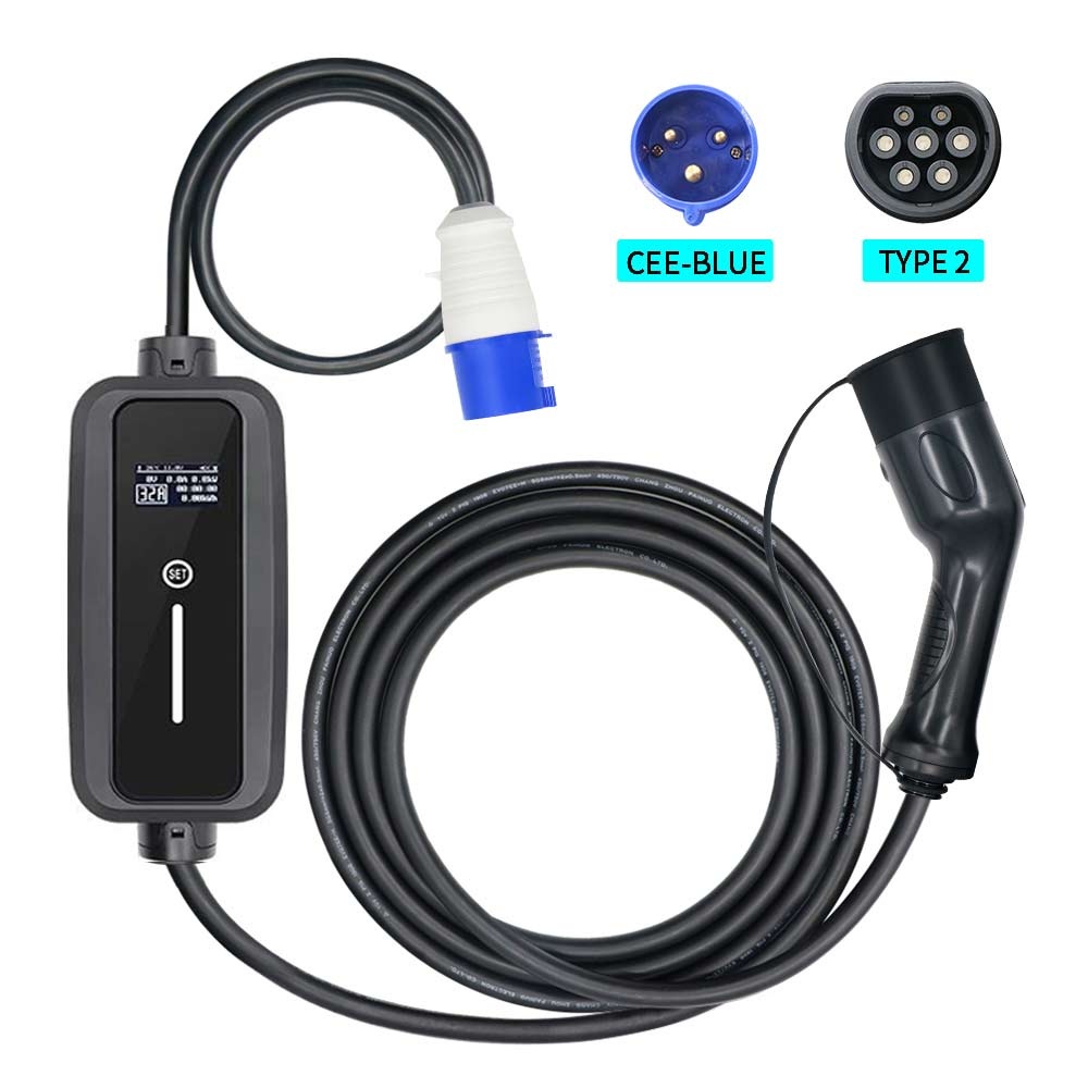 Type 2 EVSE home charger for portable charging . 16A Blue CEE Plug